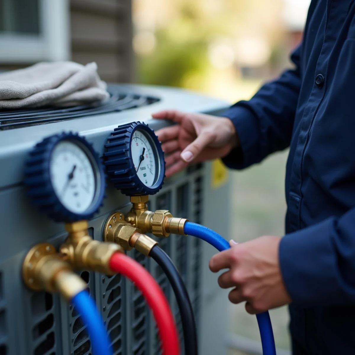 Digital manifold gauges connected to air conditioner service valves for pressure diagnostics