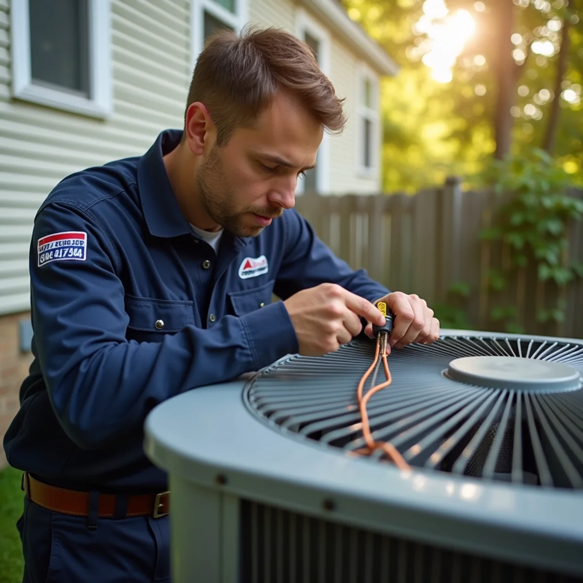 HVAC technician diagnosing central AC refrigerant leak and electrical capacitor in Morristown NJ home