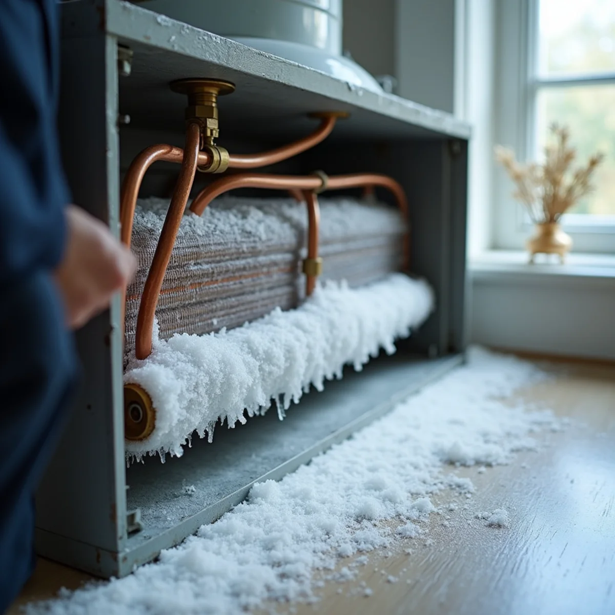 Solid frost and ice buildup encasing copper lines of indoor evaporator coil