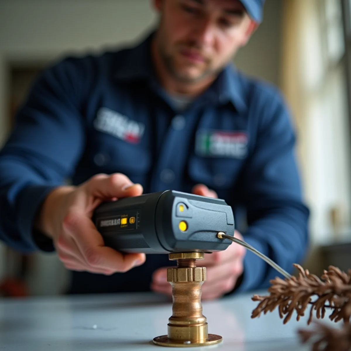 Electronic halogen refrigerant leak detector sensing pinpoint pinhole leak on copper joint