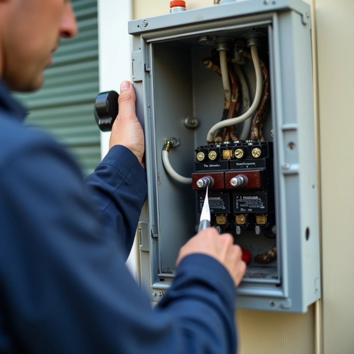 Metal outdoor electrical pull-out disconnect box mounted on exterior siding