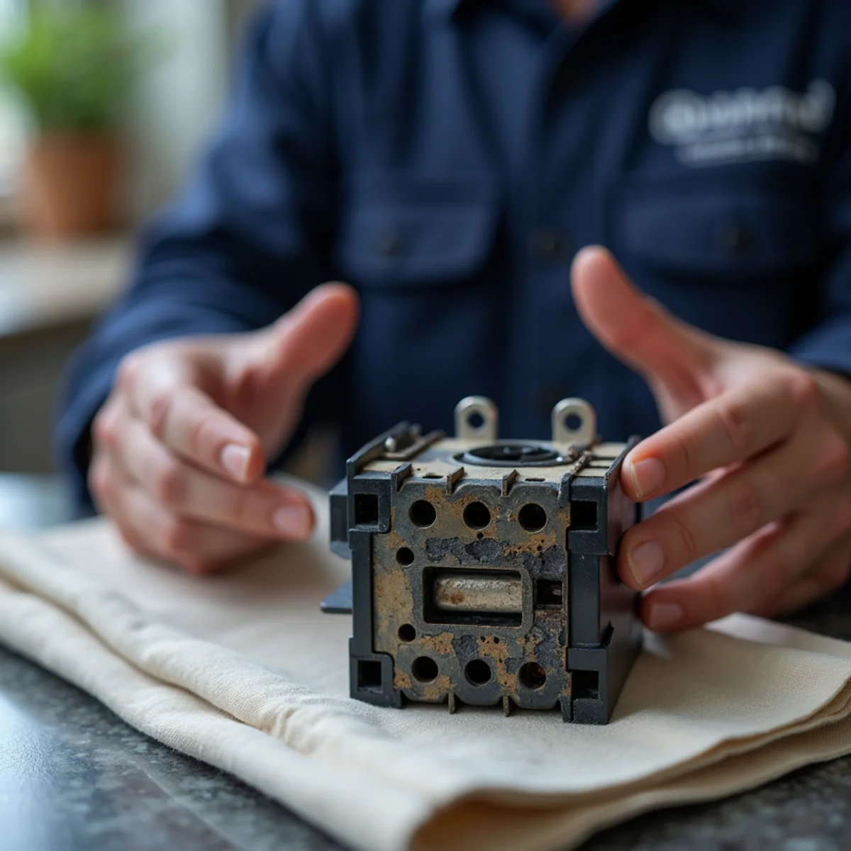 Inspecting carbon-pitted silver electrical contacts on AC compressor contactor