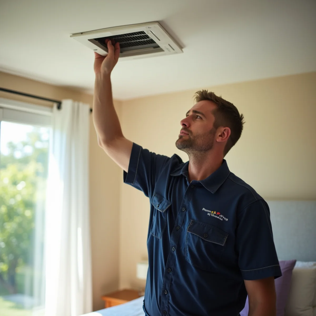 Technician measuring refrigerant line temperature split on outdoor condenser unit