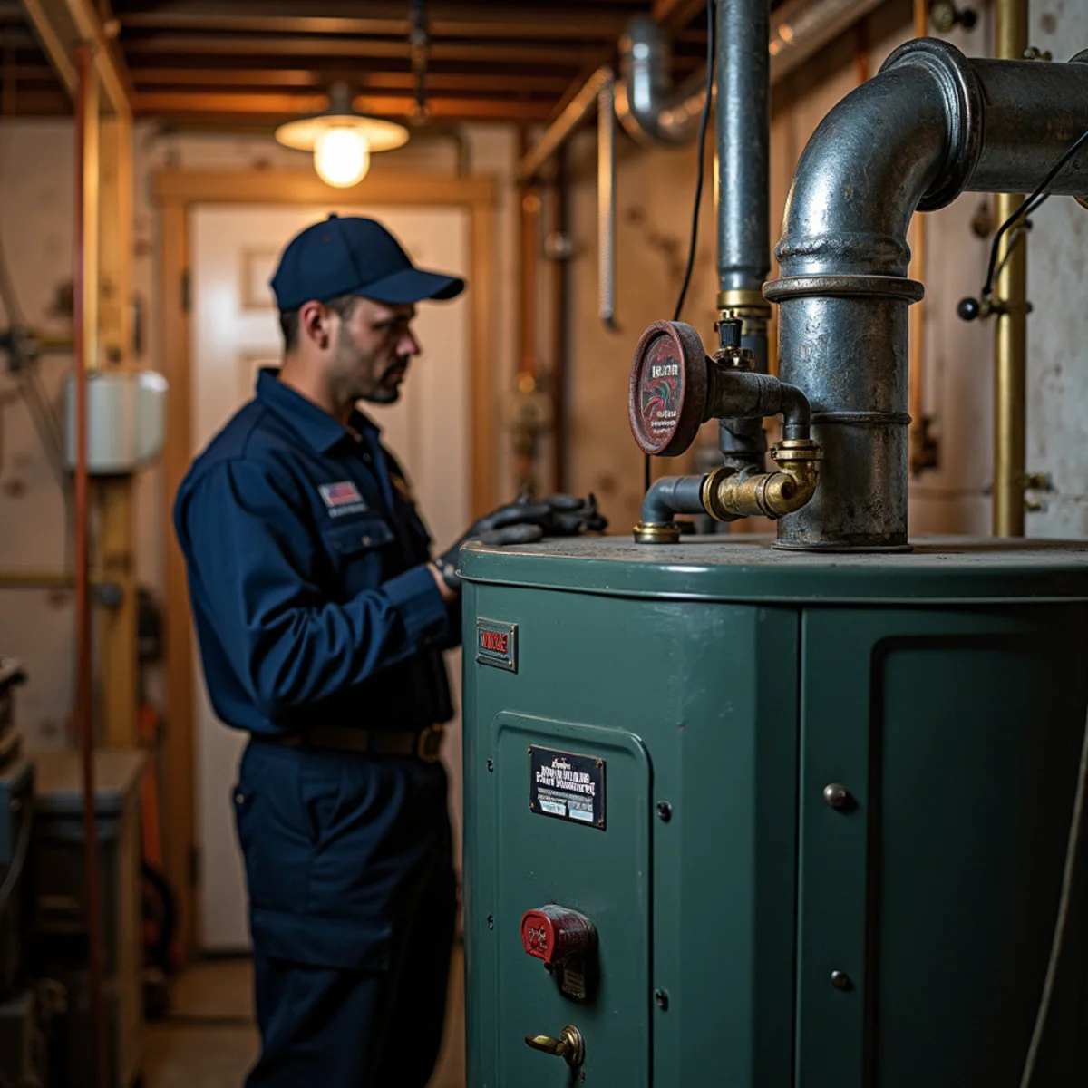 Cast iron steam boiler with sight glass and brass valves in older Morris County home basement