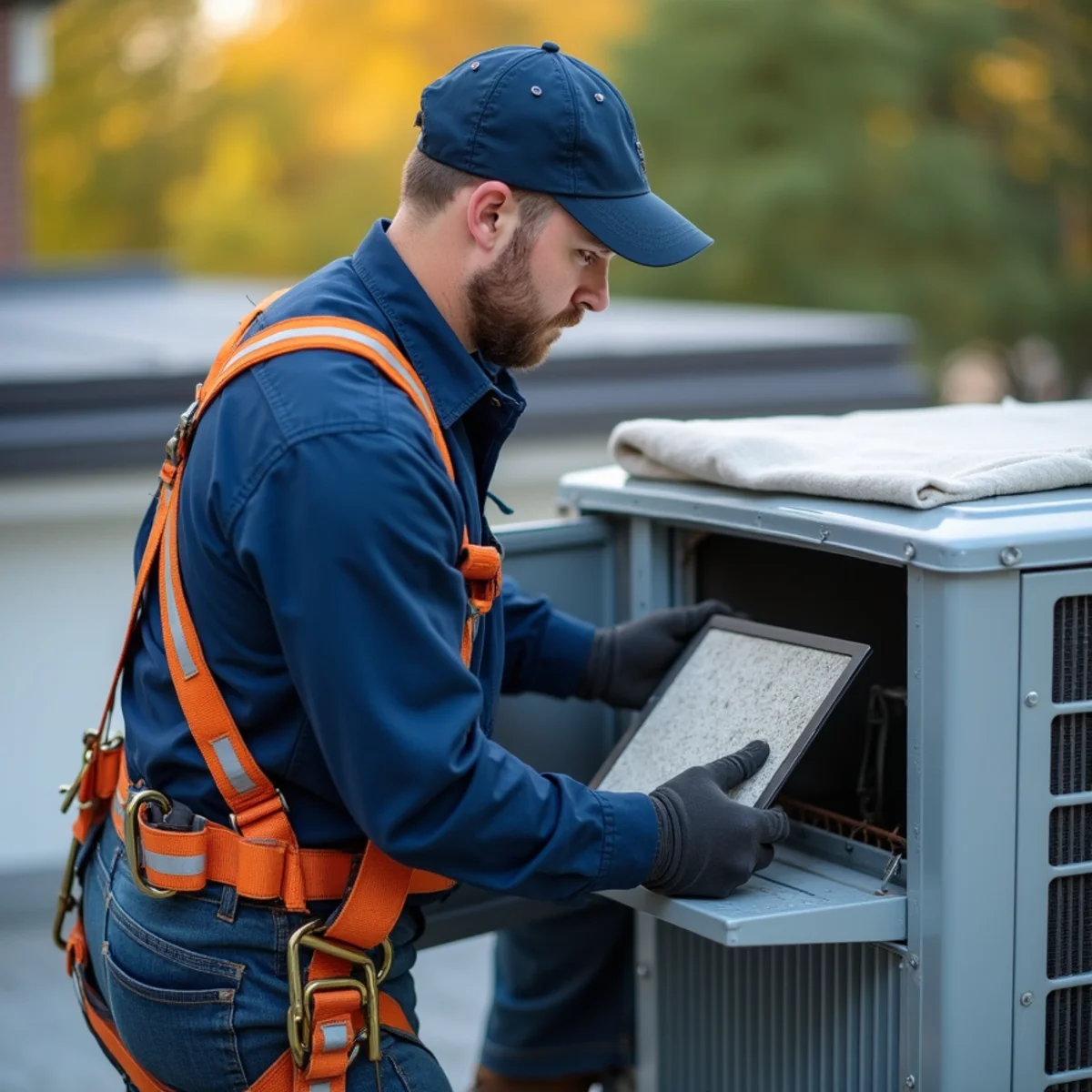 Commercial packaged rooftop heating and air conditioning unit overlooking downtown street