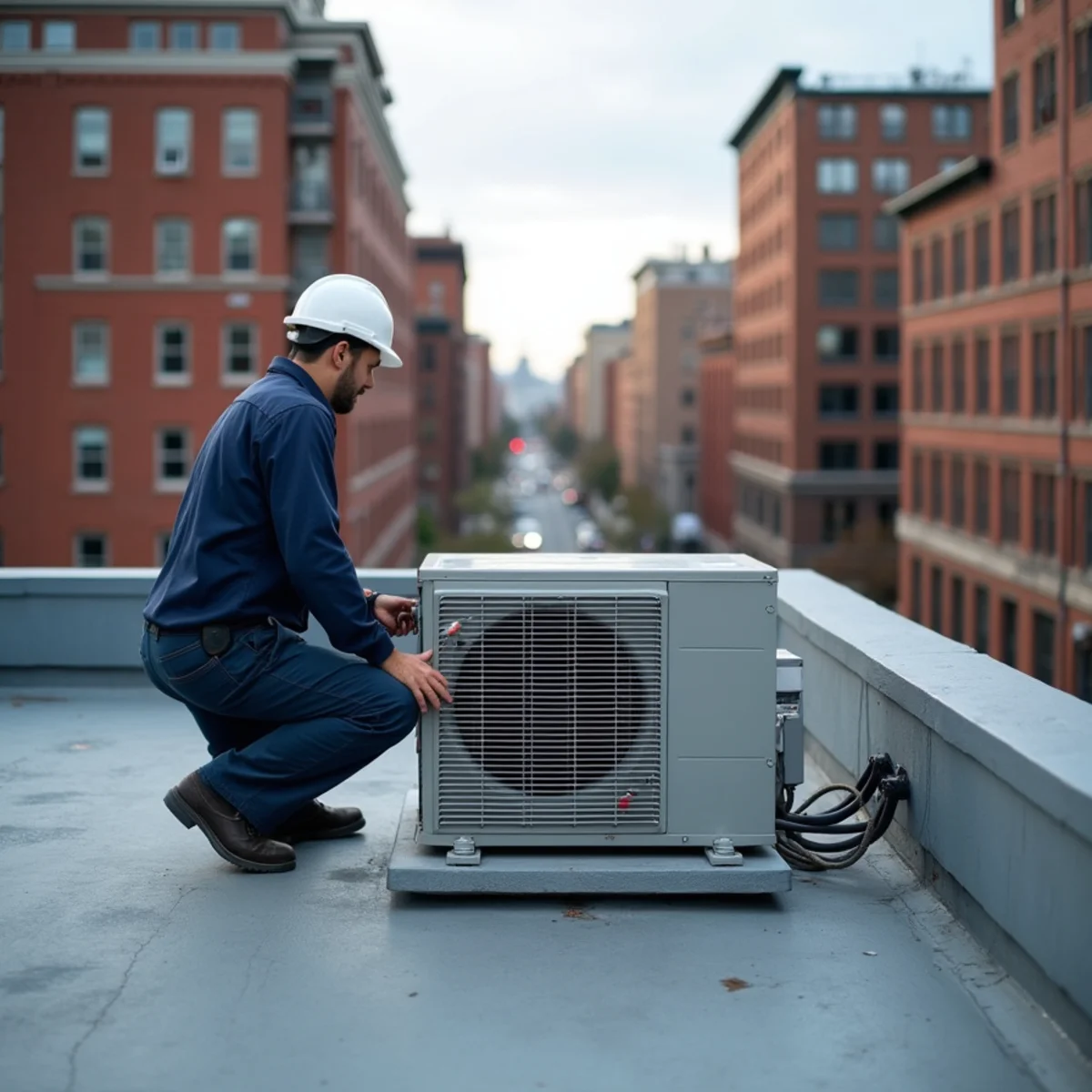 Commercial packaged rooftop HVAC units on historic mixed-use building near Morristown Green