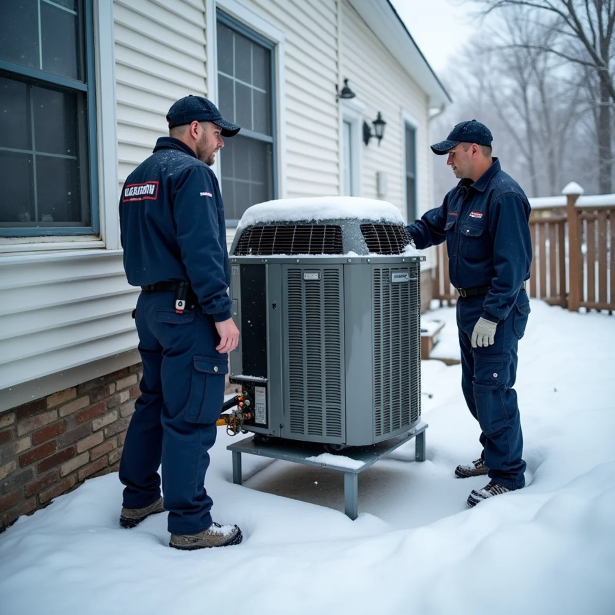 Outdoor heat pump operating quietly in snowy winter conditions outside a New Jersey home
