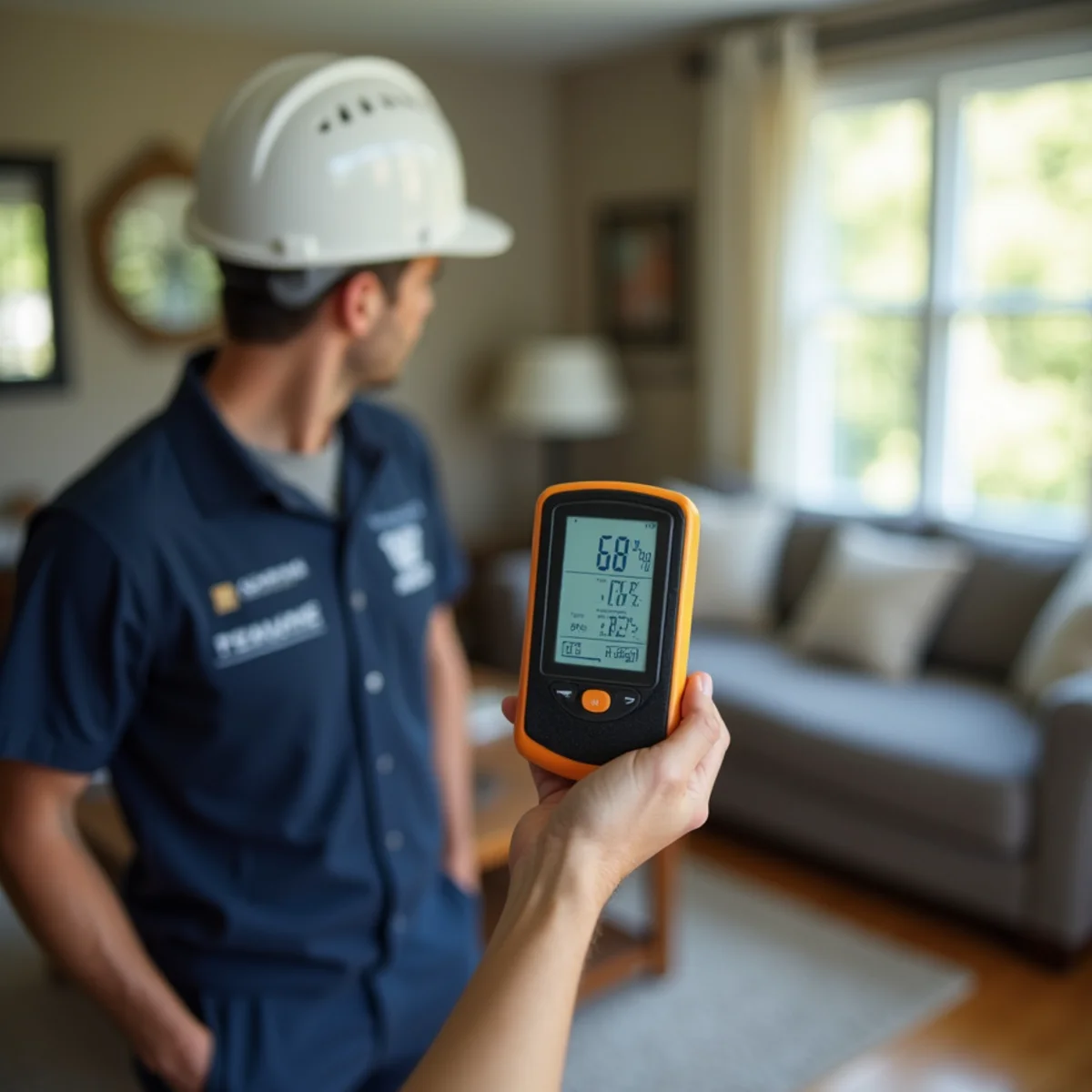 Digital hygrometer displaying high 68 percent indoor relative humidity beside air conditioning vent