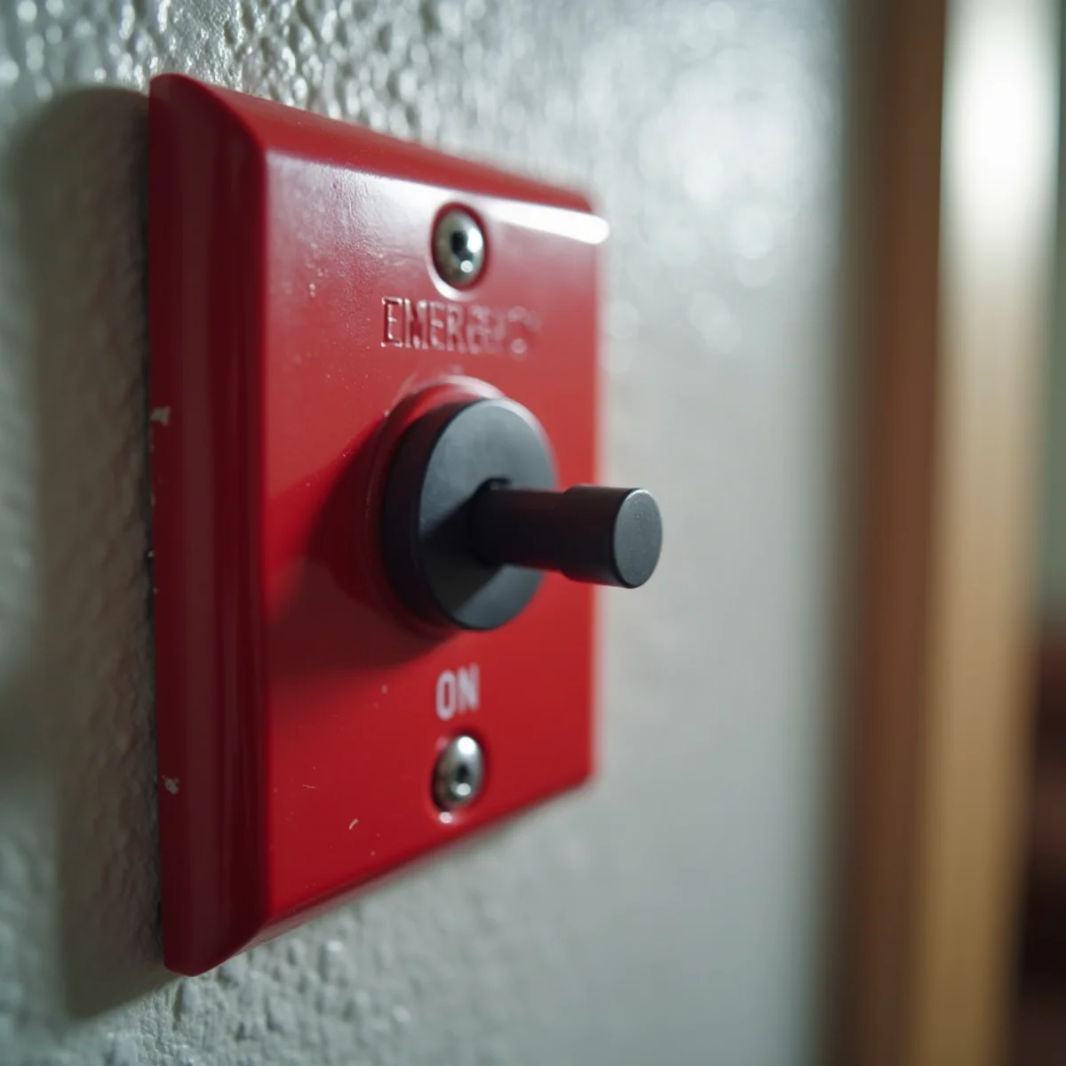 Red emergency furnace shutoff toggle switch mounted at basement stairs