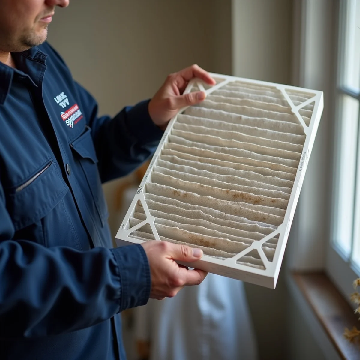 Holding dust-clogged furnace filter up to light to demonstrate airflow restriction