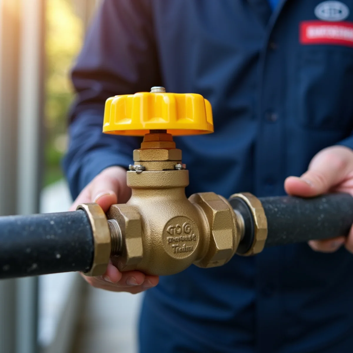 Manual yellow handle gas shutoff valve parallel with black iron pipe in open position