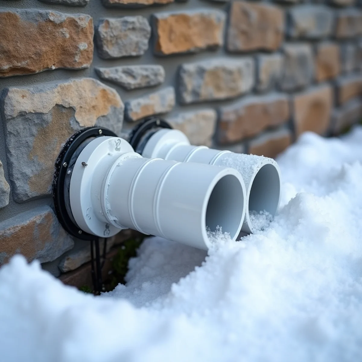 Inspecting exterior PVC intake and exhaust termination pipes clear of snow drifts