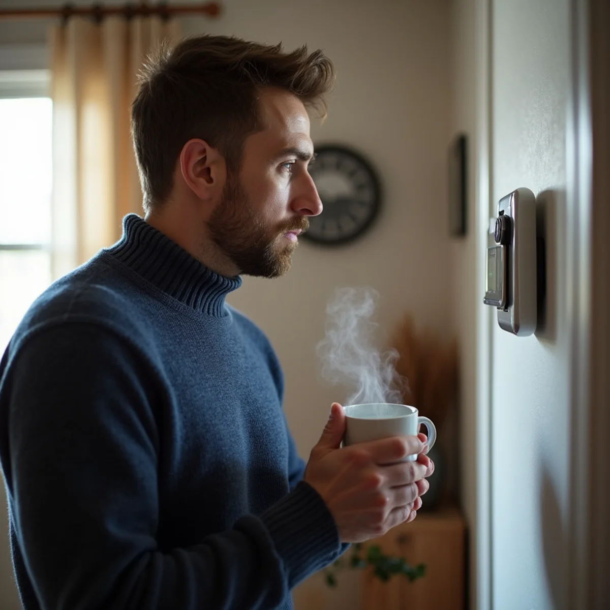 Homeowner testing thermostat settings during heating outage in Morris County NJ