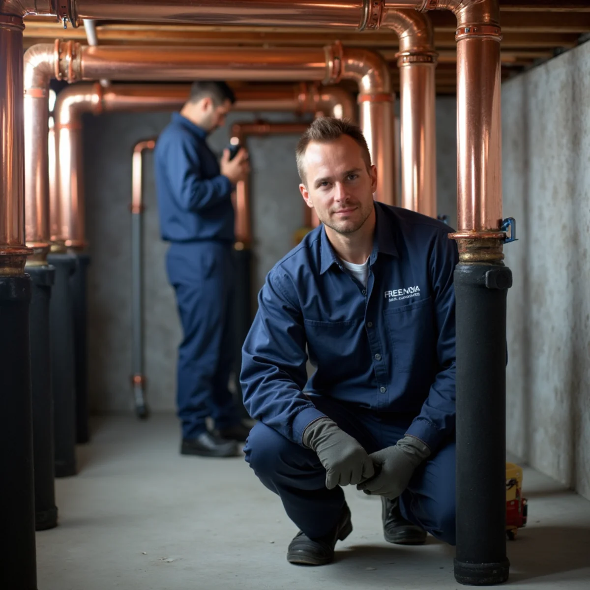 Insulated copper water pipes and boiler manifold in basement during winter cold snap