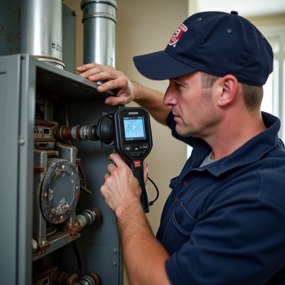 HVAC technician evaluating corrosion and electrical failure on 15-year-old AC unit