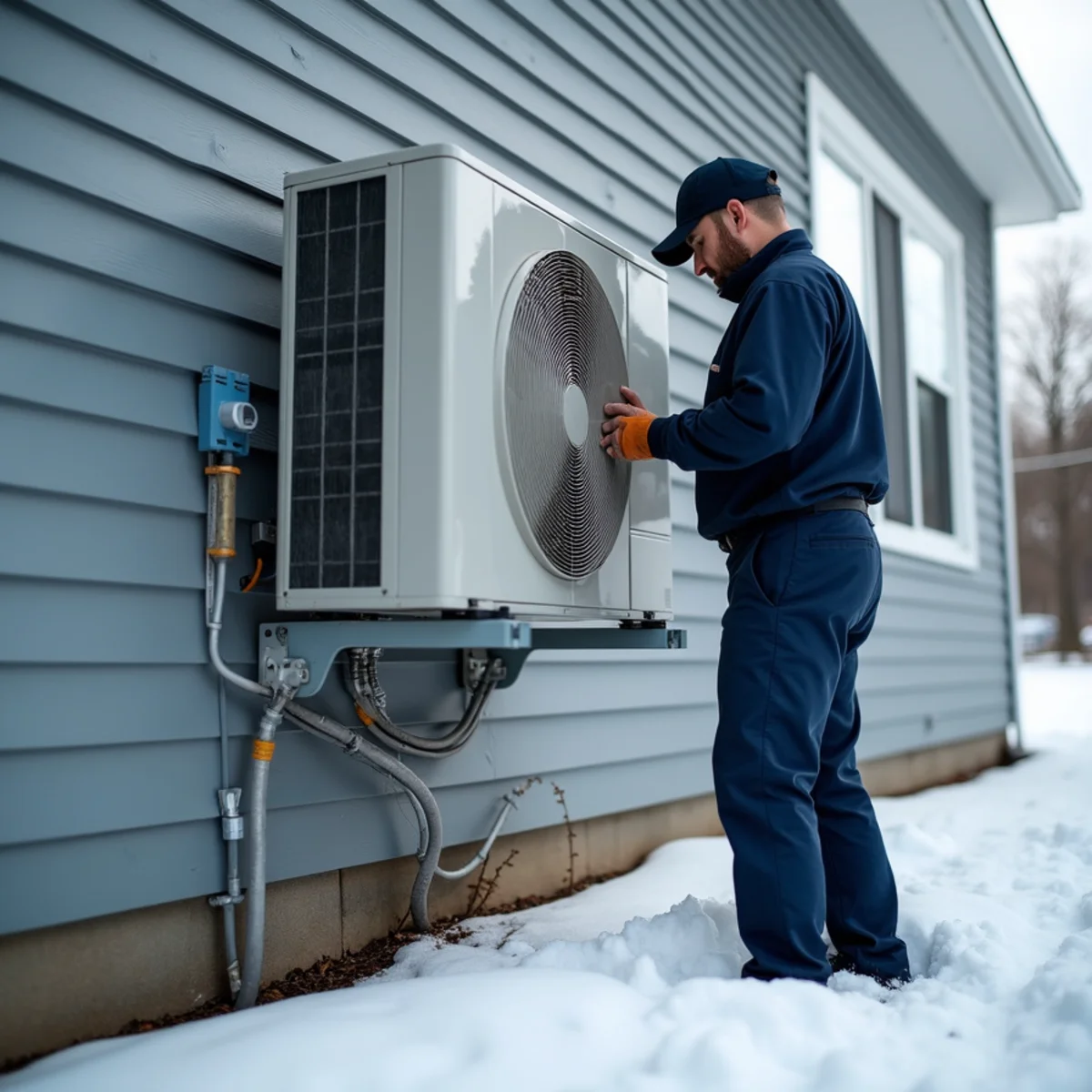 Multi-zone cold-climate heat pump outdoor unit mounted on heavy-duty exterior wall brackets