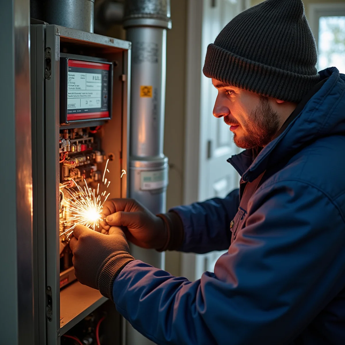 Technician lighting furnace pilot and testing safety limit circuit during emergency freeze response