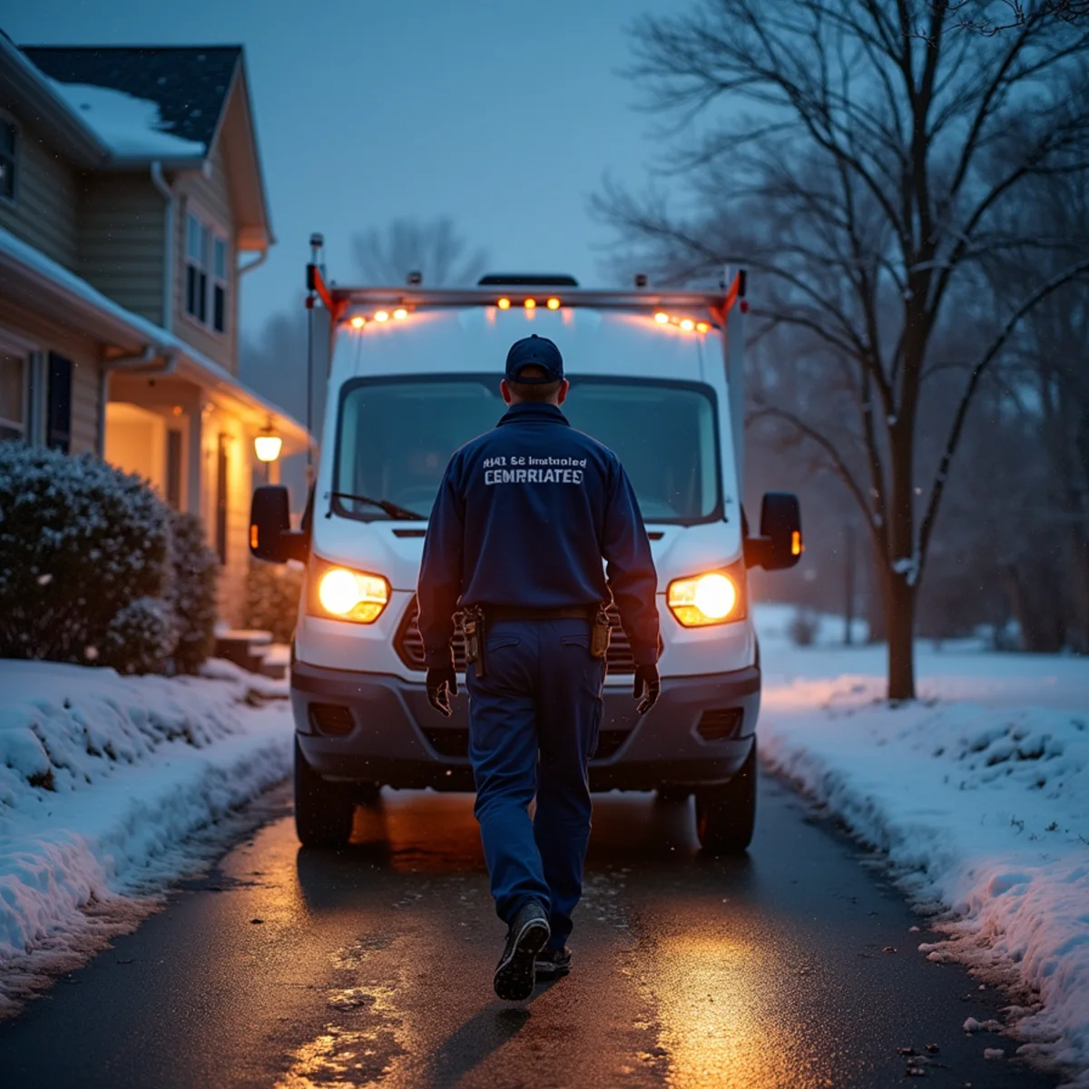 24 hour emergency HVAC repair van arriving at a suburban Morristown home in cold weather
