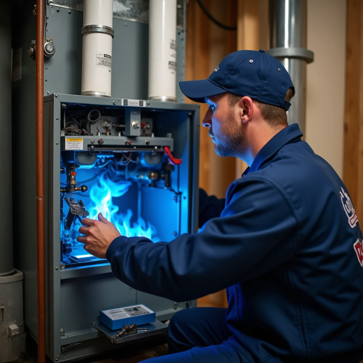 Heating contractor troubleshooting gas furnace flame sensor and ignition switch in Morristown NJ basement
