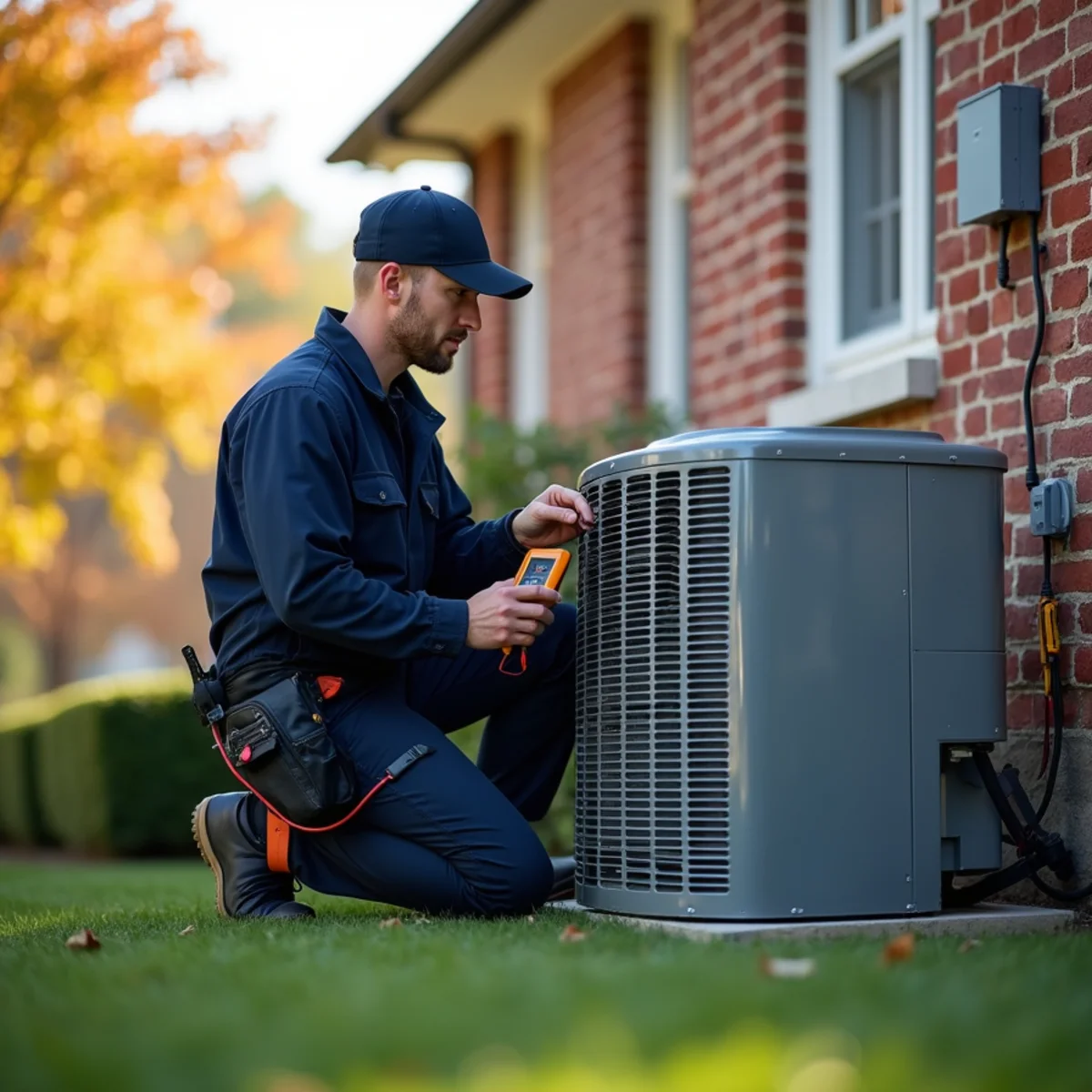 HVAC technician servicing outdoor heat pump condenser in Morristown NJ