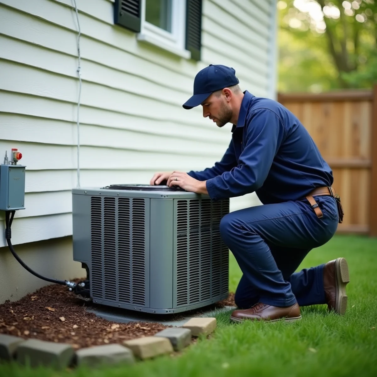 High-efficiency split system central air conditioning condenser in Parsippany suburban ranch